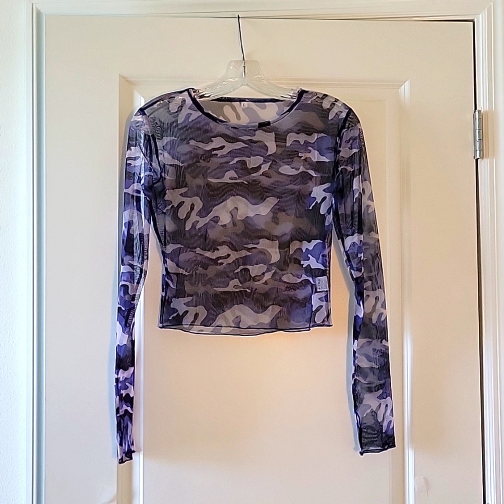 Blue camouflage see through shirt